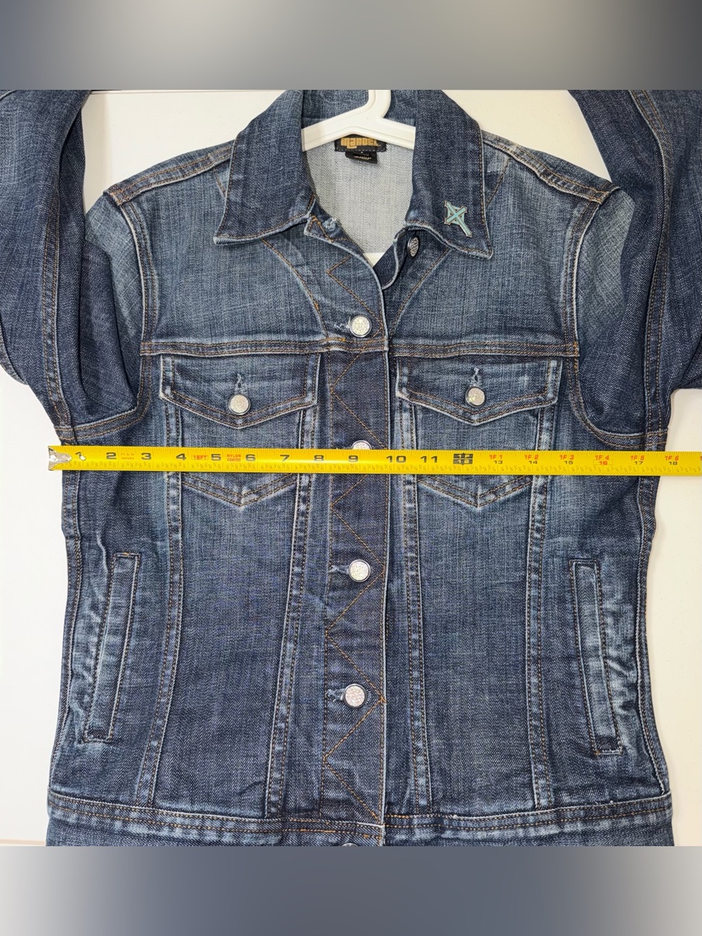 Manuel Denim Jacket Women’s Sz Small Rhinestone Buttons Cross Detail Made in USA - Picture 10 of 16